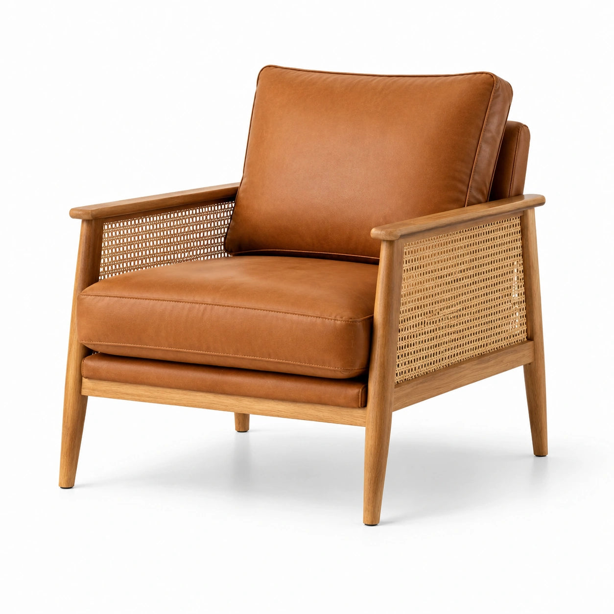 Sessel aus Holz mit Leder und Rattan, Braun