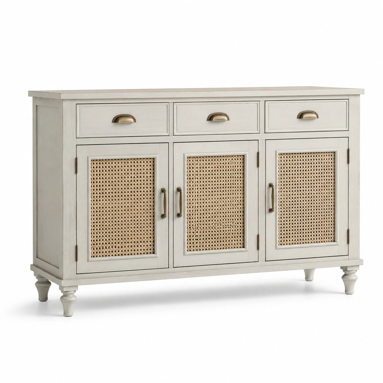 Mangoholz und Rattan Sideboard, Weiß, 120x40x85cm