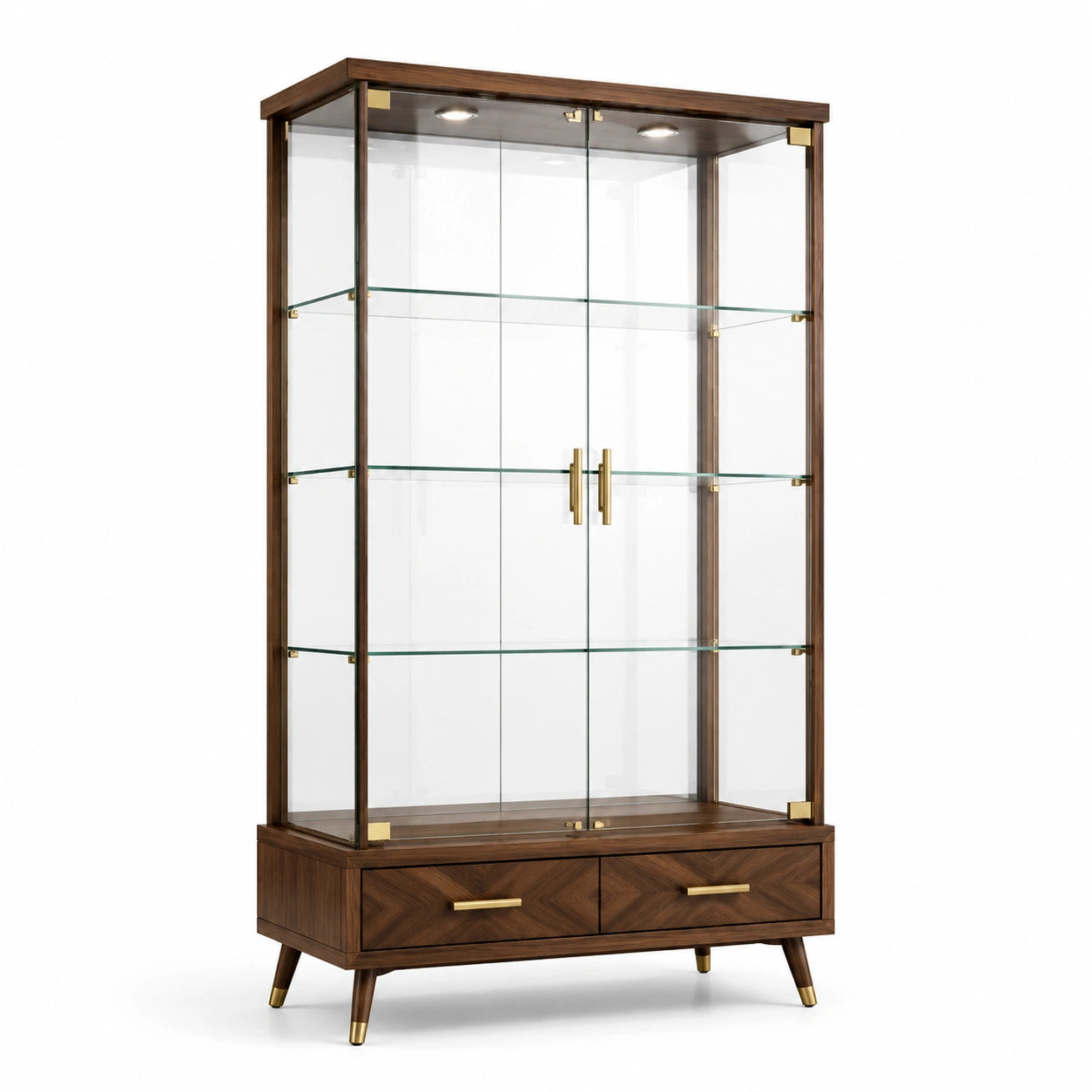 Vitrine aus Walnussholz mit gehärtetem Glas und LED-Beleuchtung
