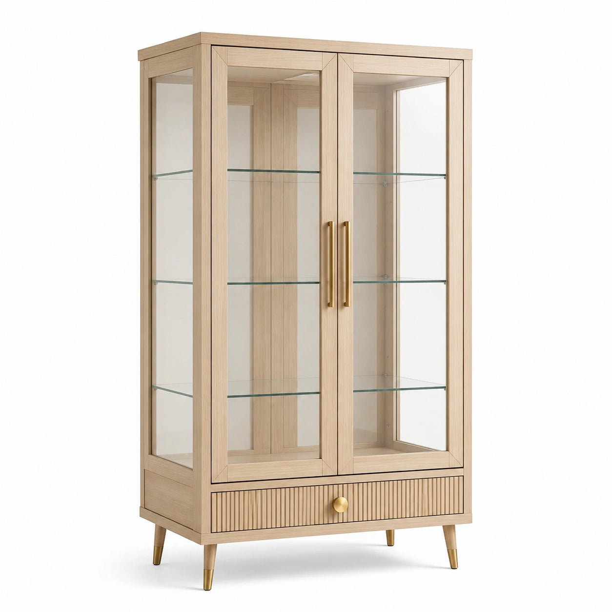 Vitrine aus Eichenholz mit Glasregalen und Schublade, 180cm