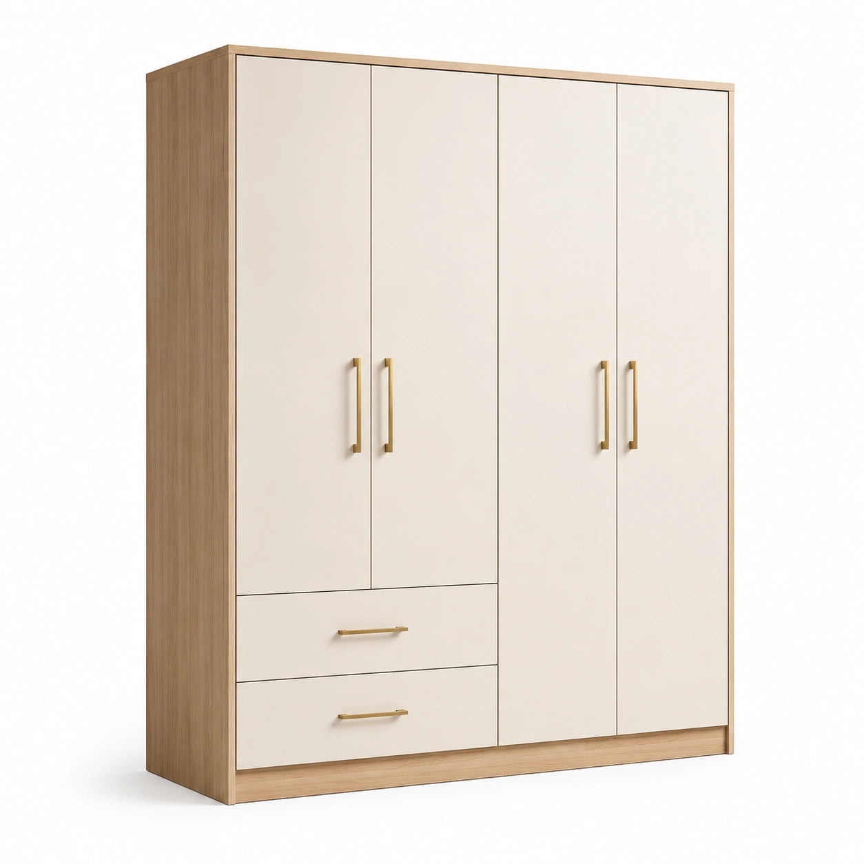 Kleiderschrank mit 4 Türen und 2 Schubladen, MDF, Eiche und Beige, 180 cm x 60 cm x 200 cm