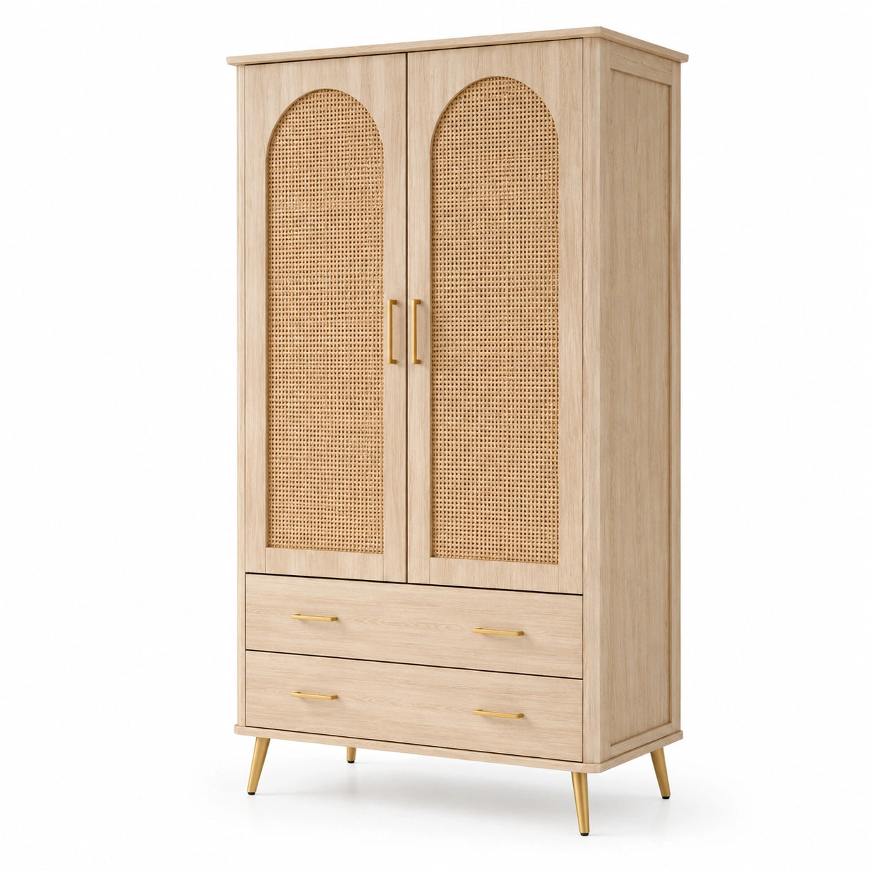 Kleiderschrank mit 2 Türen und 2 Schubladen aus Eichenholz und Rattan, 180 cm hoch
