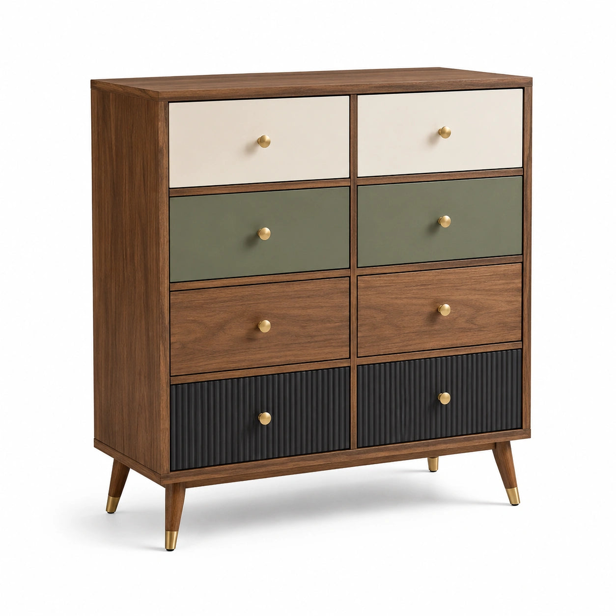 Kommode mit 8 Schubladen aus Walnussholz in Beige/Grün/Schwarz