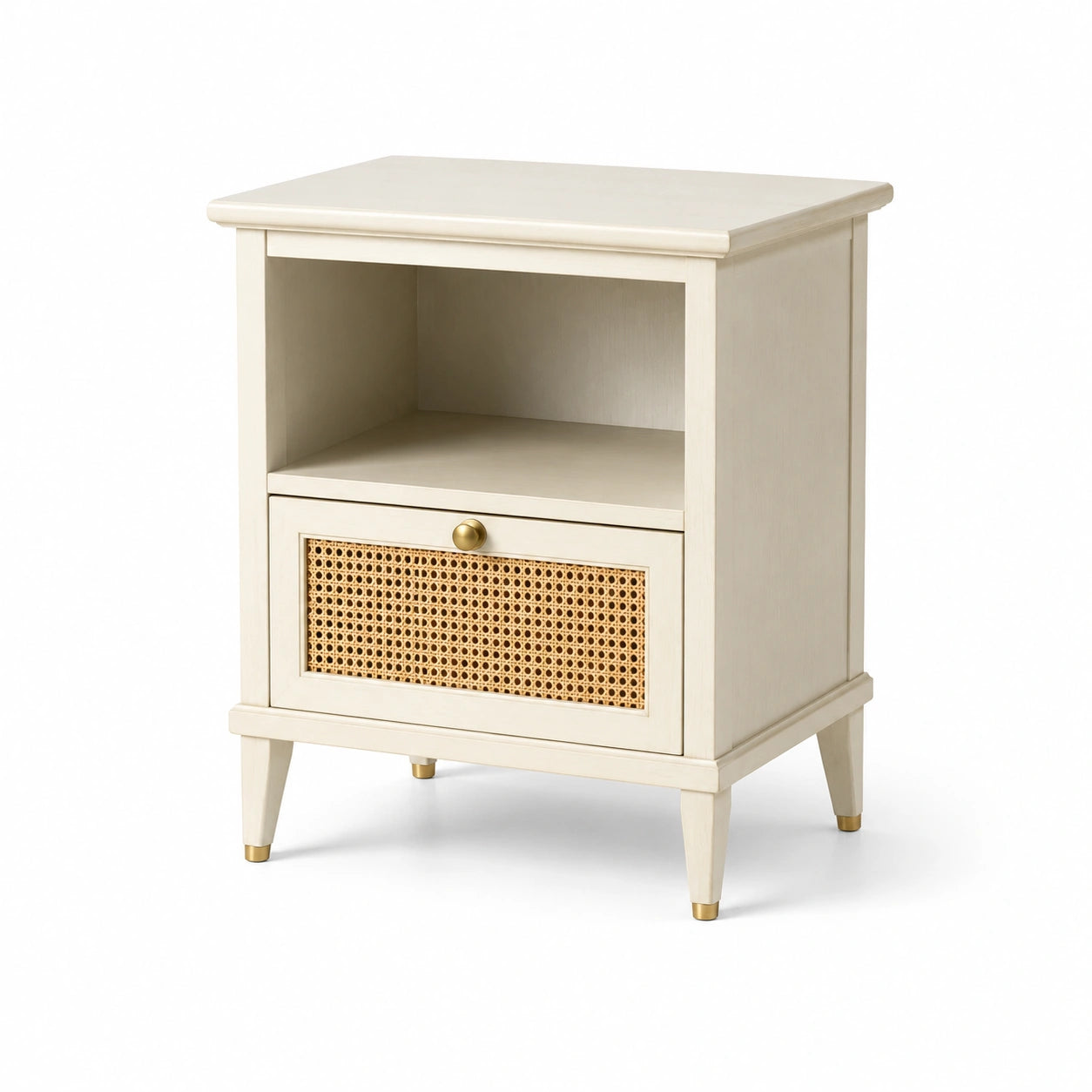 Nachttisch Holzoptik Beige mit Rattangeflecht