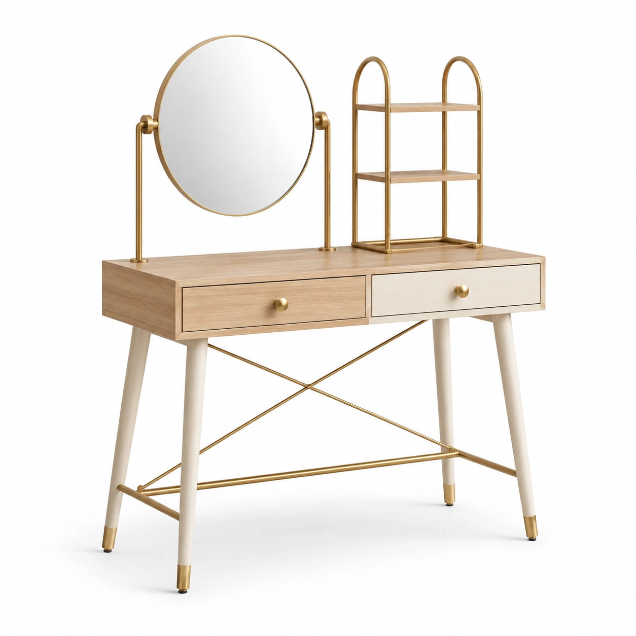 Schminktisch mit rundem Spiegel aus MDF-Holz und Metall Beige/Natur